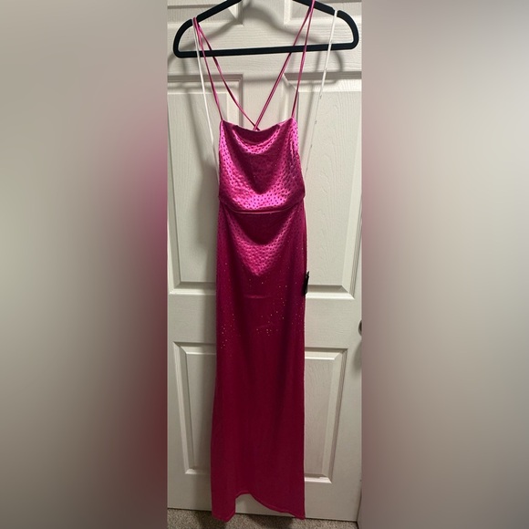 Lulus - Radiant Stunner Hot Pink Satin Rhinestone Lace-Up Maxi Dress - NWT - XS - Picture 5 of 10
